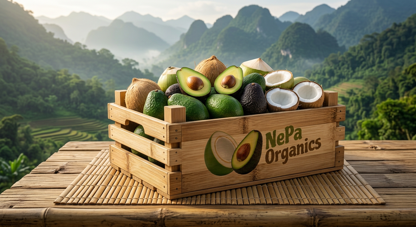 NePa Organics: avocados and coconuts in a branded farm crate